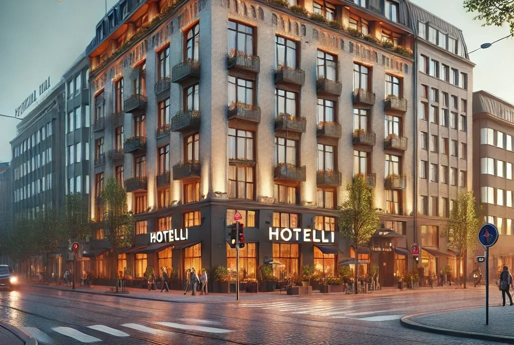 DALL·E 2025-02-03 13.06.59 - A realistic illustration of a Finnish hotel located on Etelä-Esplanadi in Helsinki. The hotel sign reads 'Hotelli' in Finnish. The building has Nordic-2